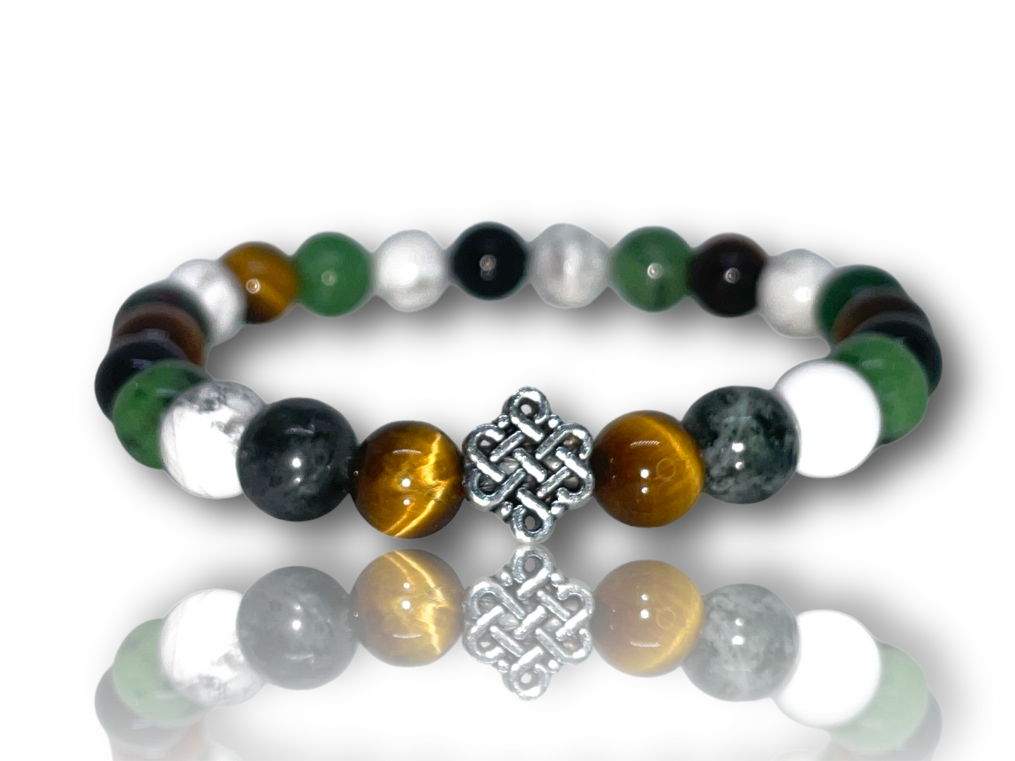 Férfi ásványkarkötő tigrisszemből, howlitból, obszidiánból és zoizit-rubinból