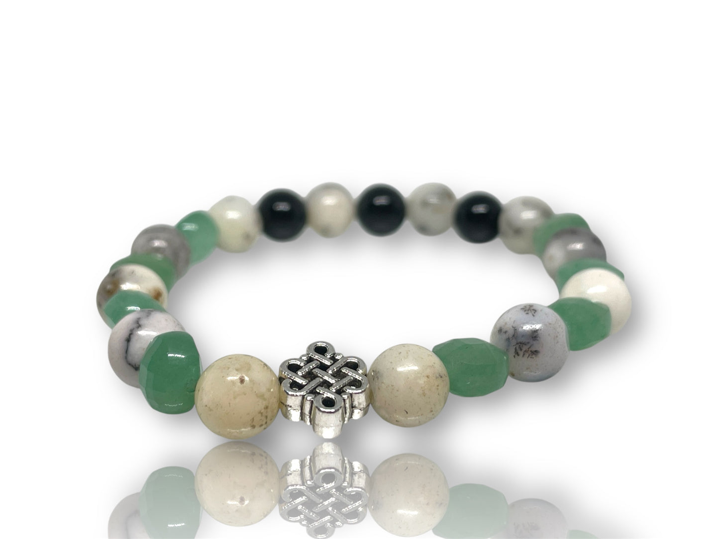 Férfi ásványkarkötő obszidiánból, dendrites opálból, fazettált aventurinból, végtelen csomózáróval