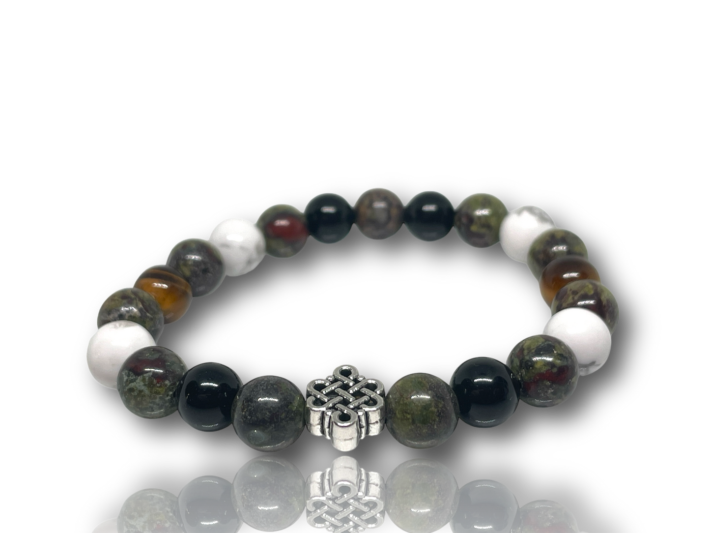 Férfi ásványkarkötő tigrisszemből, howlitból, sárkányvérkőből és obszidiánból, végtelen csomózáróval