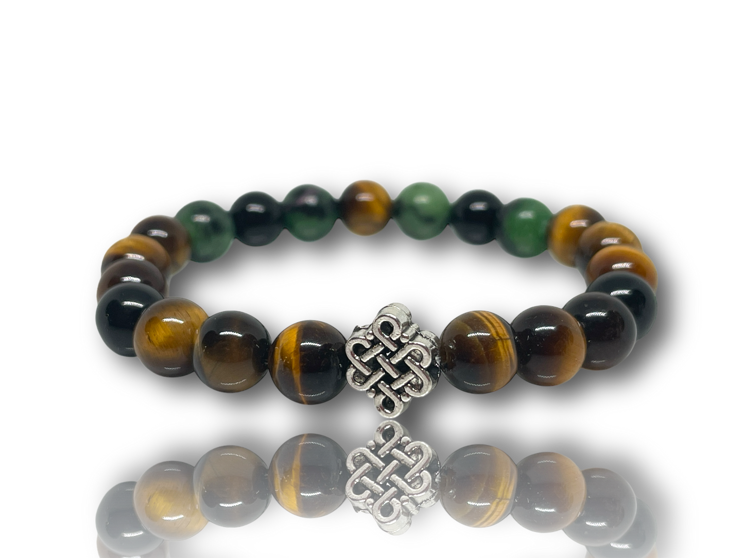 Férfi ásványkarkötő zoizit-rubinból, tigrisszemből és obszidiánból végtelen zárócsomóval