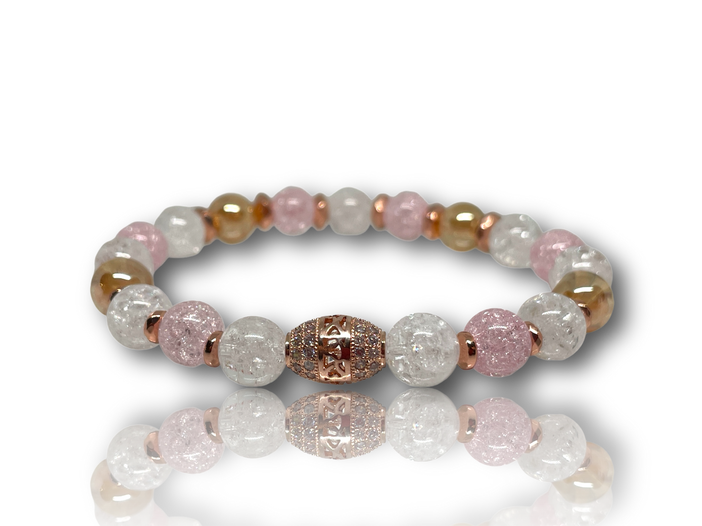 Női ásványkarkötő roppantott hegyikristállyal, arany aurakvarccal és rózsakvarccal