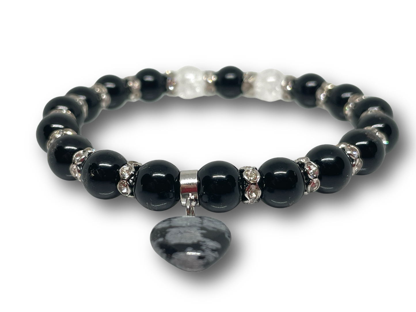 Női ásványkarkötő obszidiánnal, hópehely obszidián szív medállal és hegyikristállyal