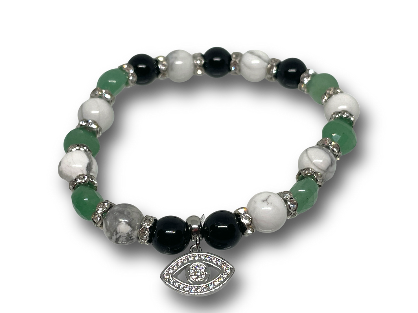 Női ásványkarkötő obszidiánnal, howlittal és fazettált aventurin koronggal