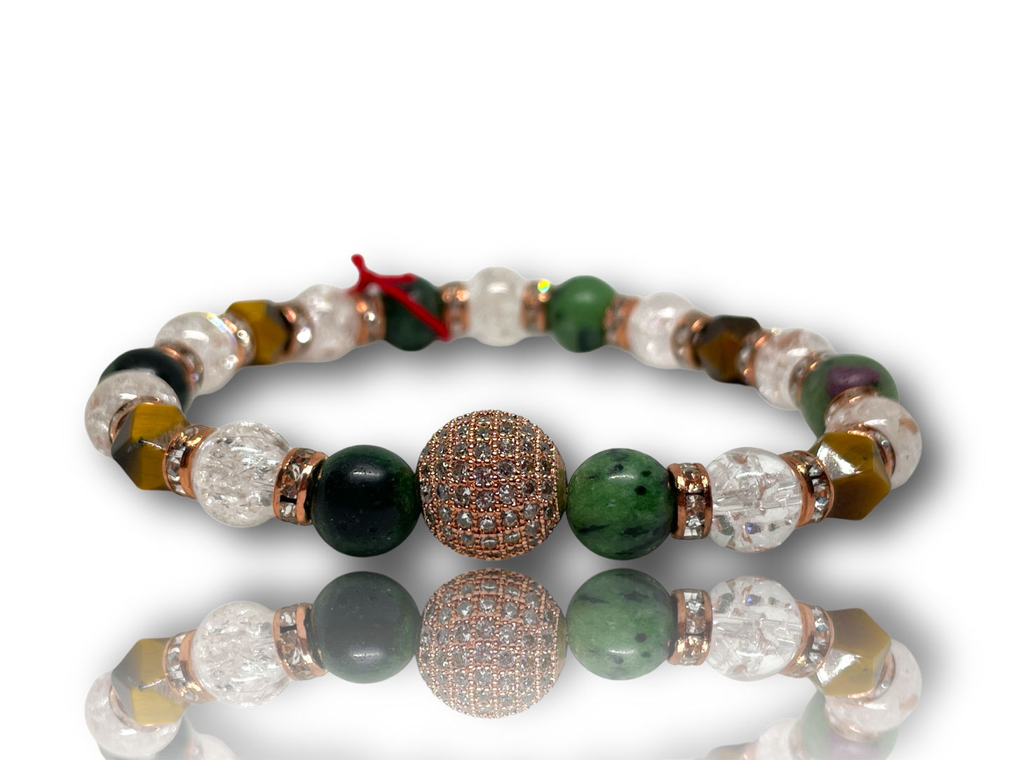 Női ásványkarkötő zoizit-rubinnal, tigrisszemmel, hegyikristállyal és cirkón kővel középen