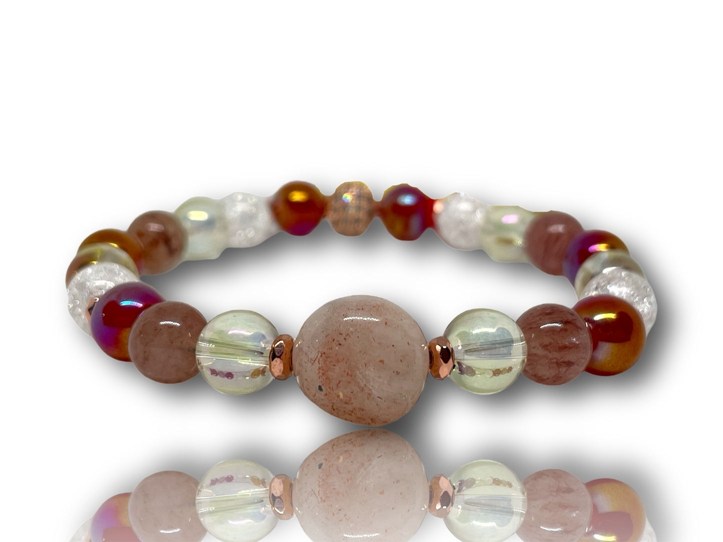 Termékenység ásványkarkötő lemon kvarccal, aurakvarccal, karneollal, hegyikristállyal, hematitos kvarccal és napkővel