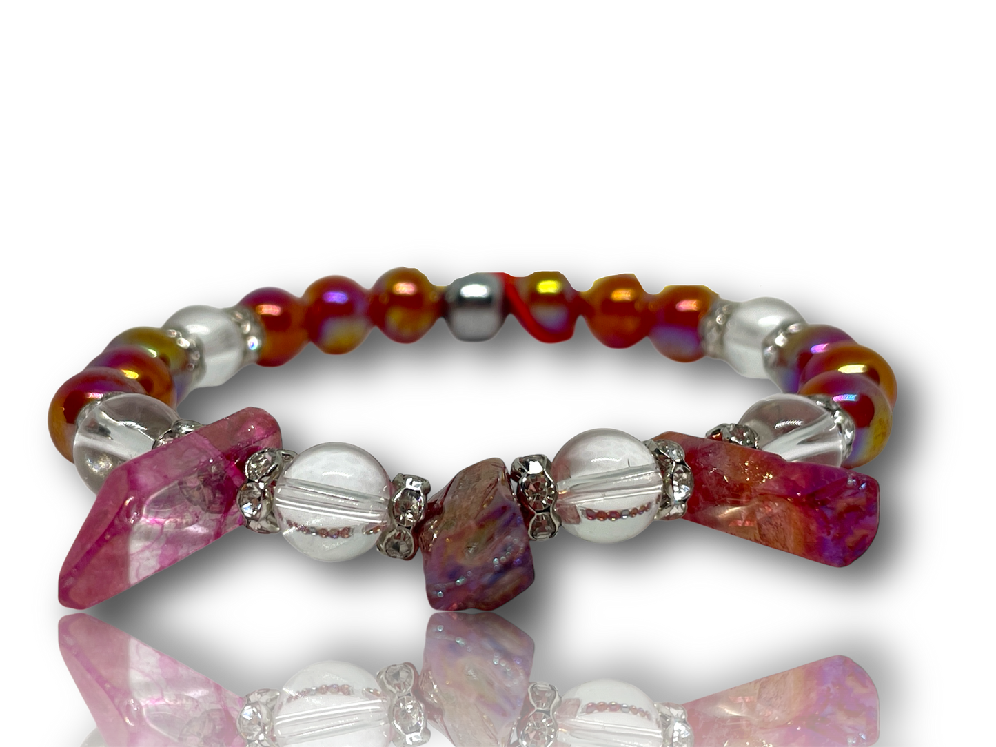 Ásványkarkötő karneollal, aurakvarccal, hematittal és hegyikristállyal, kvarckristályokkal