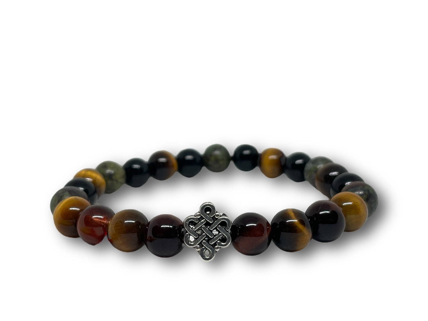 Férfi ásványkarkötő tigrisszemmel, obszidiánnal, macskaszemmel és sárkányvérkővel