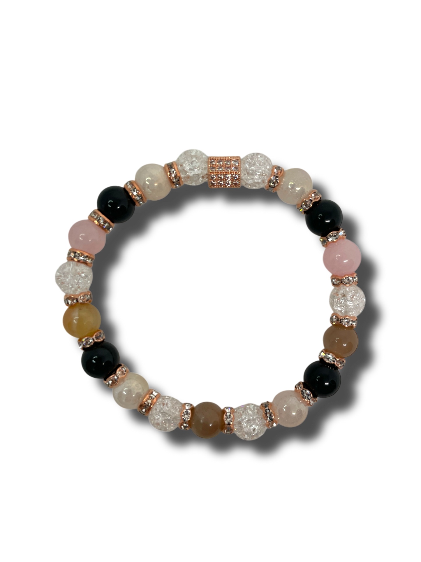 Szerelmi vallomás ásványkarkötő nők számára rózsakvarcból, rózsa aura kvarcból, hegyikristályból, holdkőből és turmalinból