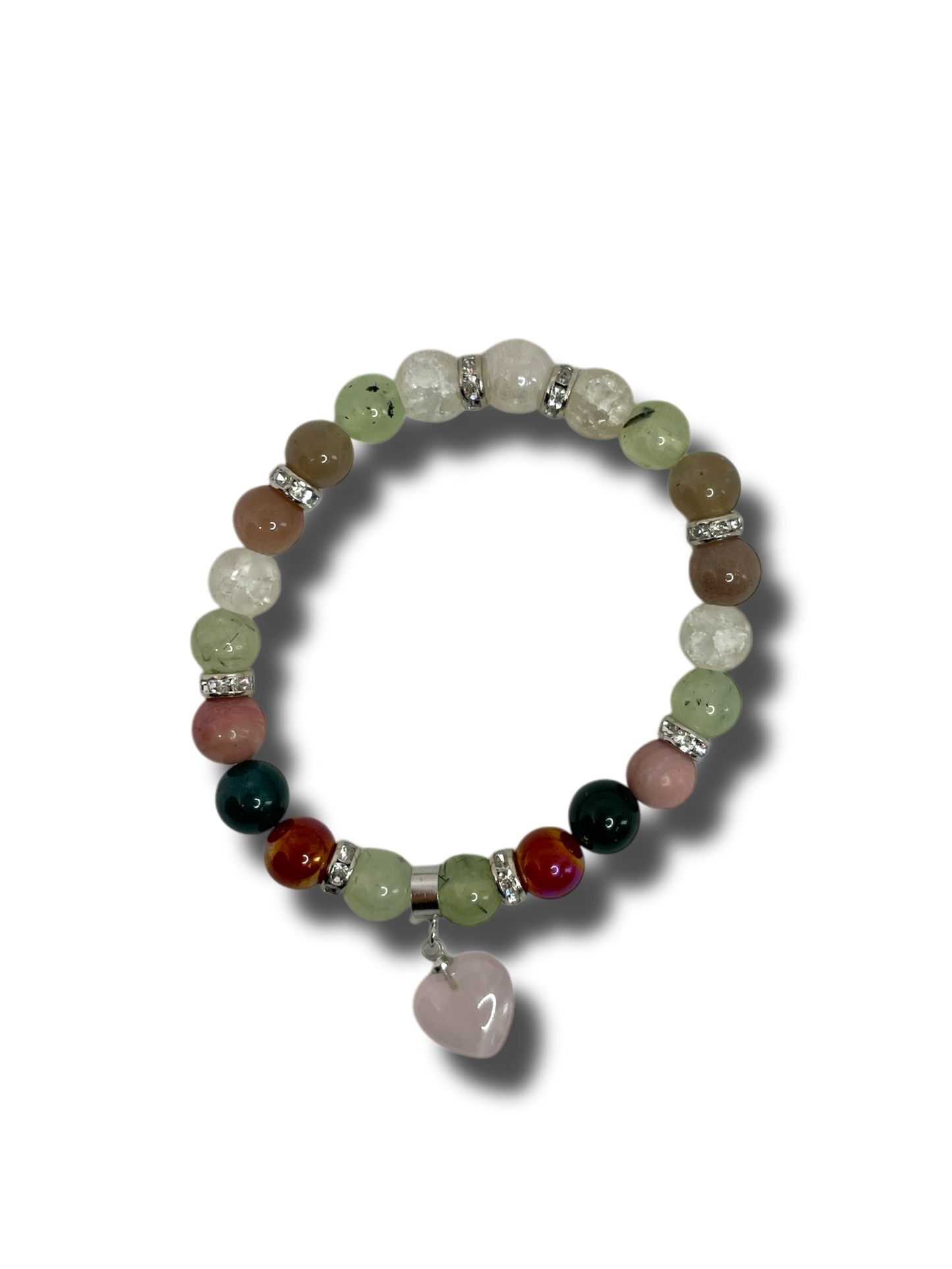 Termékenység ásványkarkötő prehnittel, mochaacháttal, roppantott hegyikristállyal, barna holdkővel és rózsakvarccal