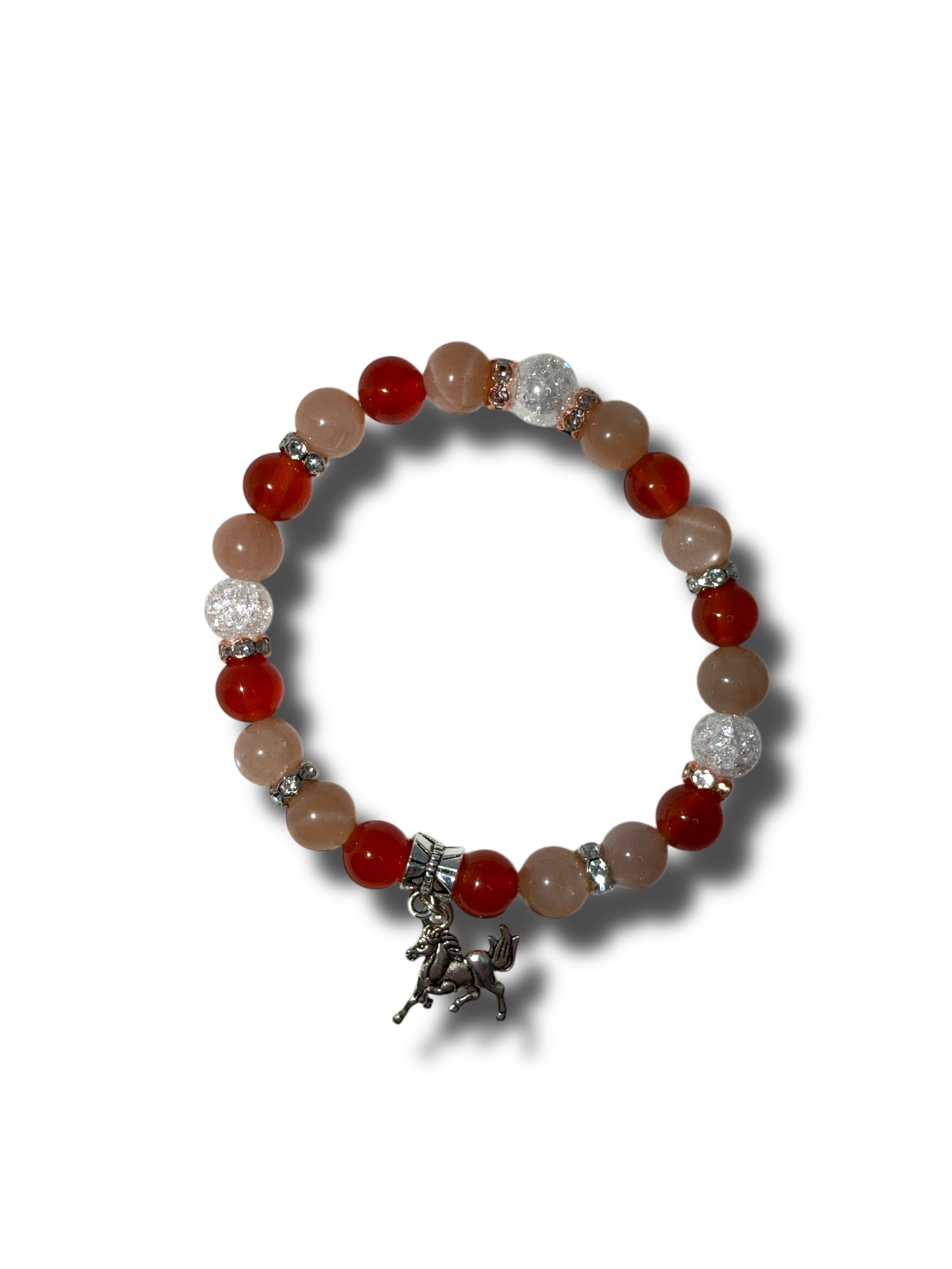 tűz ló kollekció, ásványbarlang, karneol, roppantott hegyikristály, holdkő egyedi kézműves női ásványkarkötő